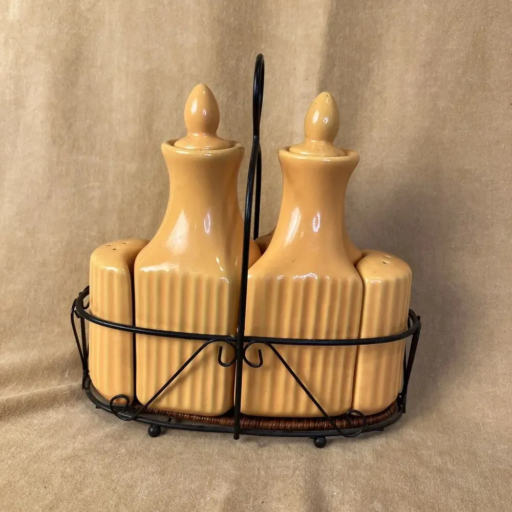 TEMPTATIONS‎ ORANGE CERAMIC OIL & VINEGAR CRUET SALT & PEPPER SHAKER CADDY SET